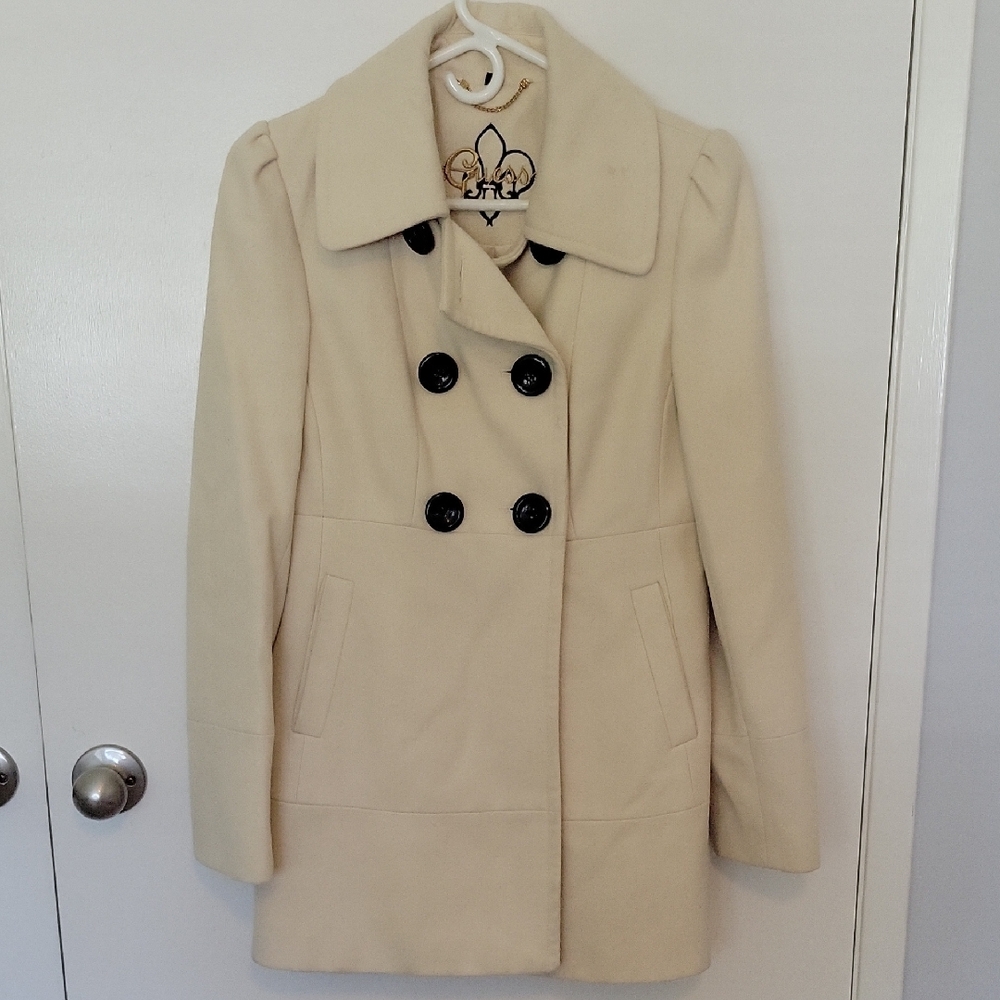 Cream Double-Breasted Pea Coat with Structured Shoulders